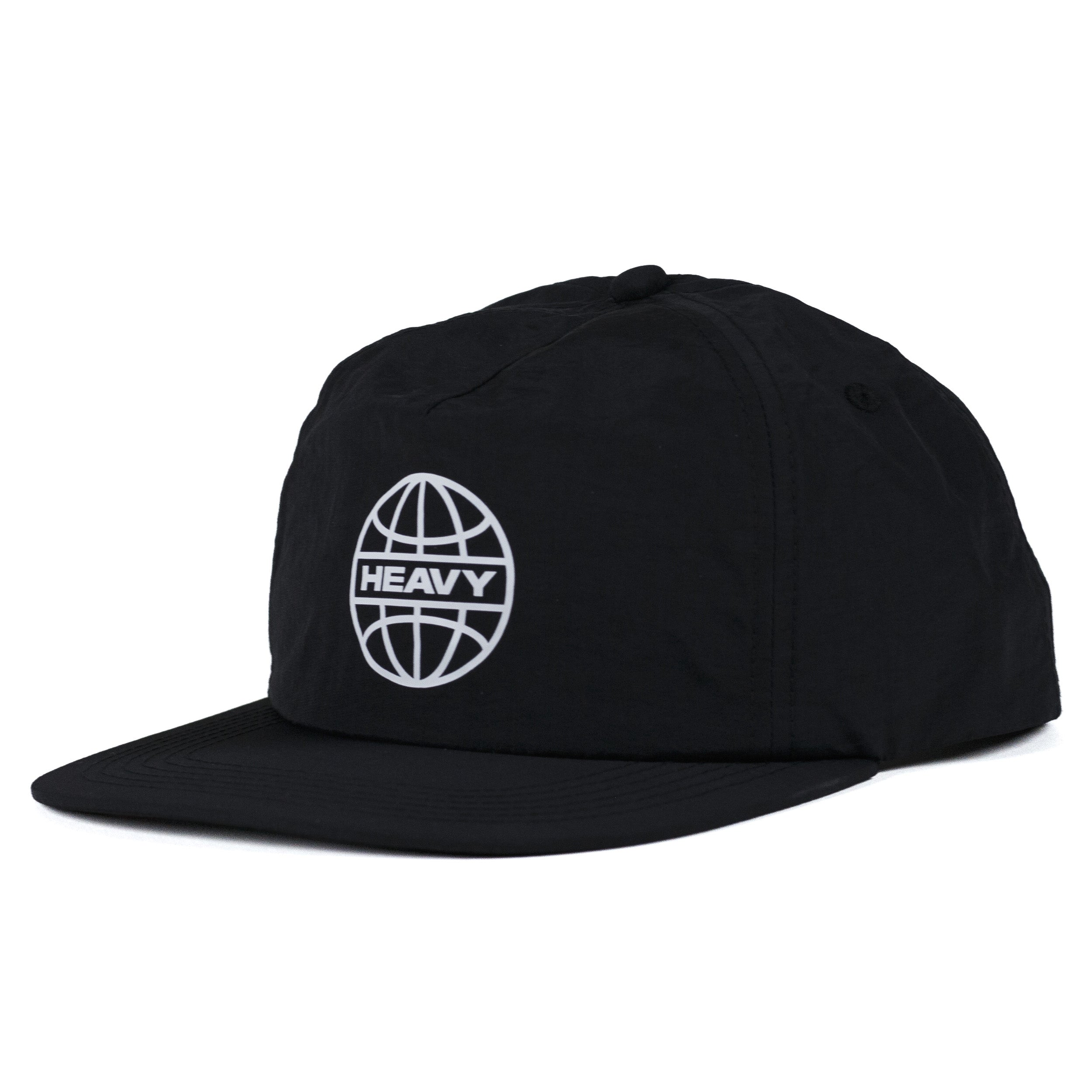 Black unstructured nylon hat with Heavy Globe logo on center front